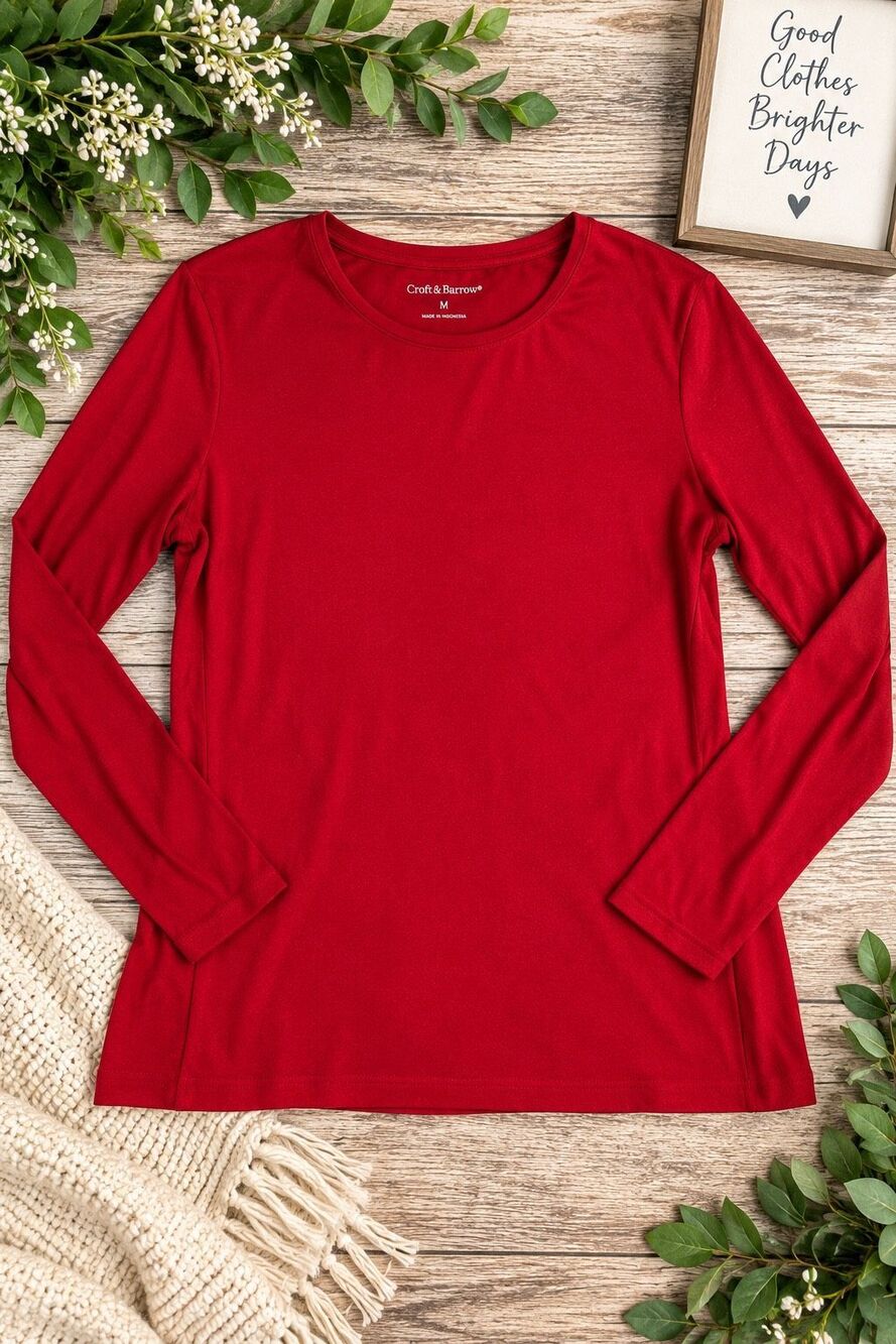 Croft & Barrow Women’s M Red Long Sleeve Crew Neck Basic Stretch Top Shirt Croft